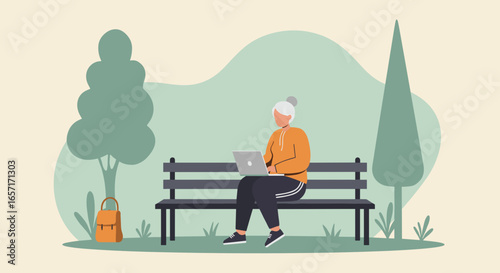 Elderly woman uses a laptop on a park bench, illustrating modern retirement, digital connectivity, and a relaxed outdoor lifestyle.