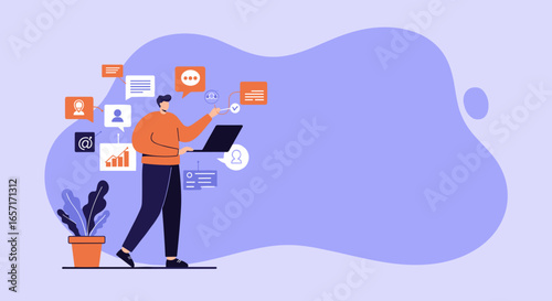 Person engaged in online communication and social networking via laptop, representing digital connectivity, business solutions, and remote work.
