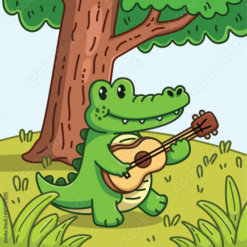 Happy Alligator Playing Guitar Under a Tree