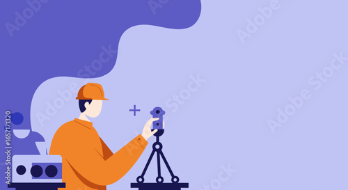 Engineer in a hard hat operating advanced surveying equipment in an industrial setting, symbolizing precision and technological progress.