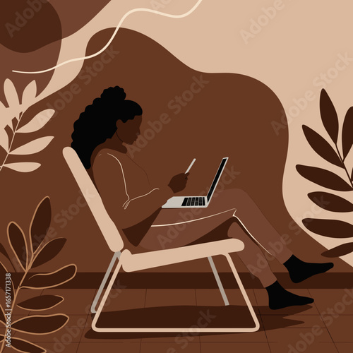 Focused Black woman relaxing at home, multitasking with smartphone and laptop. Represents remote work, online learning, or digital lifestyle.