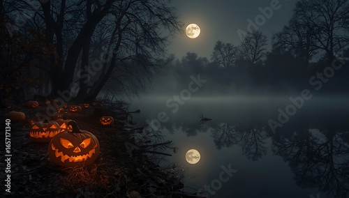 Fototapeta Naklejka Na Ścianę i Meble -  Halloween , halloween background jack o lanterns by a lake under a full moon at night time halloween , halloween background 
