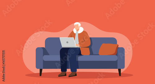 Senior man sitting comfortably on a couch, focused on his laptop. Represents remote work, online learning, or leisure time at home.