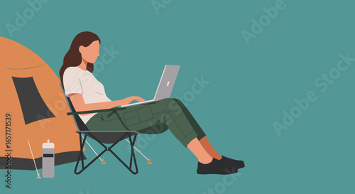 Woman working on her laptop from a camping chair next to a tent. Illustrates remote work, digital nomadism, and flexible lifestyle with outdoor leisure.