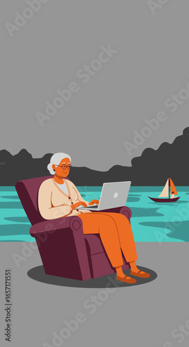 Senior woman enjoying a tranquil lakeside view while working on her laptop, depicting modern retirement, remote work, or digital nomad lifestyle.