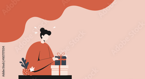 Stressed person holding gift boxes, feeling overwhelmed by holiday shopping or social obligations. Concepts: anxiety, consumerism, preparation pressure.