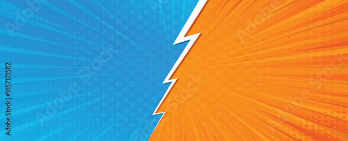 Pop art retro comic background. Abstract cartoon cover with versus lightning. Blue and orange vs frames for manga book. Vector