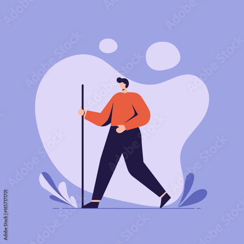 Flat illustration of a man Nordic walking or hiking with a pole. Represents active lifestyle, outdoor adventure, exercise, and journey.