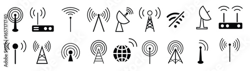 Radio tower antenna icon collection. Set of black radio tower icons