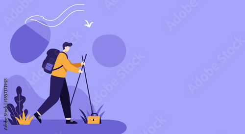 Man with backpack and trekking poles hikes through a stylized natural landscape, symbolizing adventure and an active outdoor lifestyle.