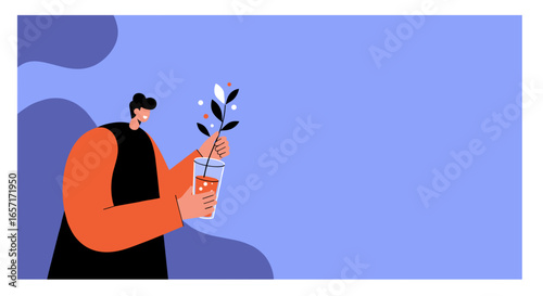 Happy person nurturing a plant in a glass, representing sustainable growth, environmental care, and fresh starts for business and life.