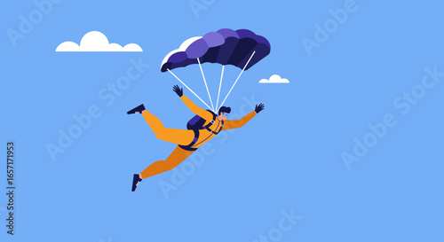 Excited person skydiving with an open parachute against a vibrant blue sky. Capturing adventure, freedom, and the thrill of extreme sports or travel.