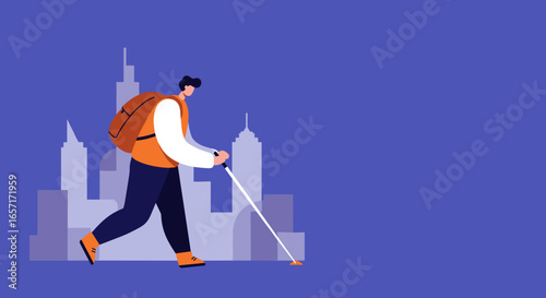 Visually impaired person with a backpack and white cane navigating an urban city street, symbolizing independence and accessibility.