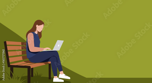 Young woman working or studying on a laptop while sitting comfortably on a park bench outdoors. Represents remote work, flexible lifestyle, or online learning.