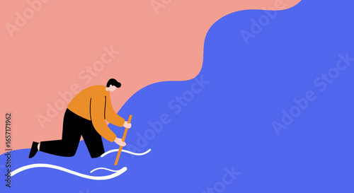 An illustrated man wading through blue water with a pole, symbolizing navigation, problem-solving, and progress in a challenging business or life journey.