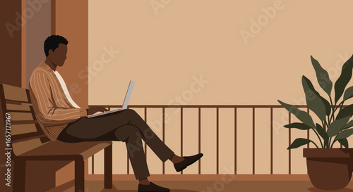 Young man working remotely on laptop from a comfortable balcony, embodying modern flexible work and a relaxed lifestyle.