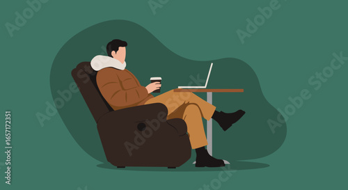 A person in a warm coat relaxes in an armchair with coffee and laptop, symbolizing remote work, leisure, or digital nomad lifestyle.