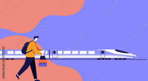 Man with backpack and bag walking alongside a modern high-speed train, representing efficient travel, urban lifestyle, and future commuting.