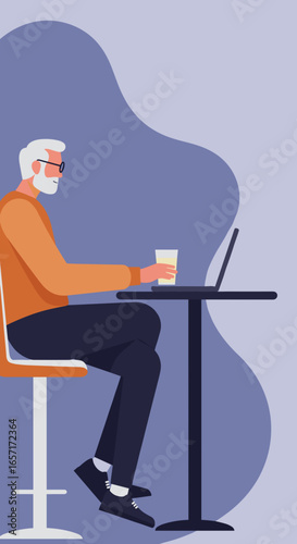 Modern senior man enjoying coffee and working on laptop in a relaxed cafe setting. Represents remote work, digital literacy, and active retirement.
