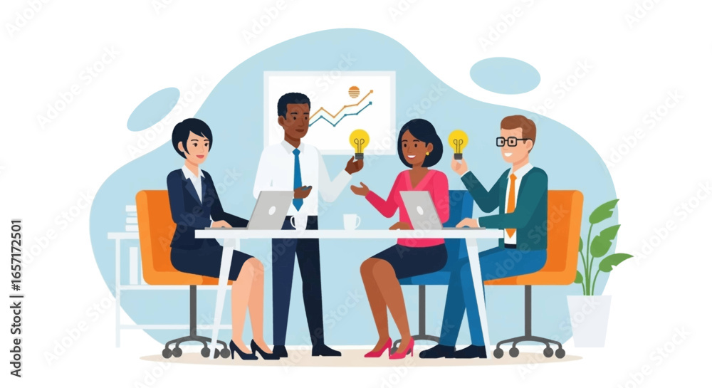 Obraz premium Diverse business team collaborating in a modern office, sharing innovative ideas and concepts for growth. Ideal for business, success, and teamwork themes.