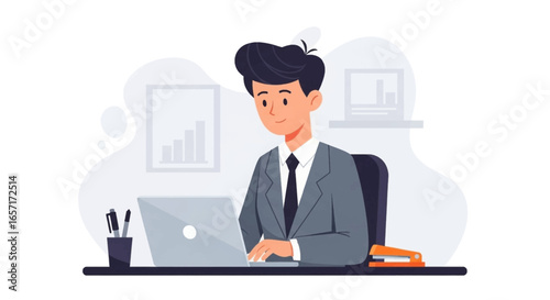 Professional businessman focused on work at his laptop, embodying productivity and modern office life. Ideal for business, technology, and corporate themes.