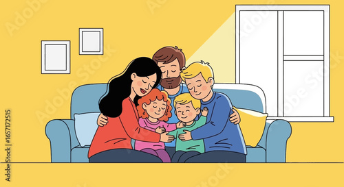 Happy family embracing on a sofa at home, showcasing love, togetherness, and secure bonds. Ideal for concepts of family life, parenting, and emotional well-being.
