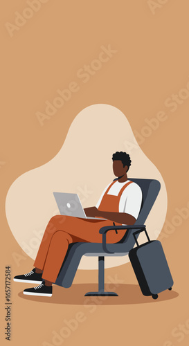 A person works remotely on a laptop while waiting with luggage, embodying the modern digital nomad lifestyle or business travel.
