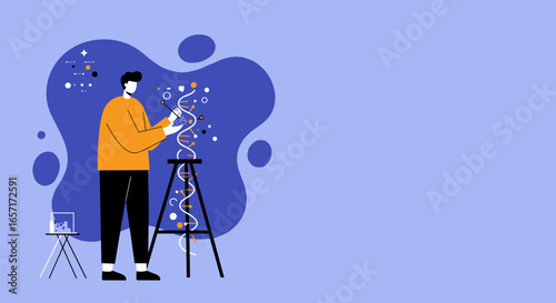 A male scientist studies a large DNA helix, representing genetic research, biotechnology, and medical innovation. Ideal for healthcare, science, and education concepts.