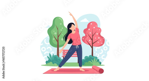A woman practices yoga or stretching on a mat in a park, promoting health, wellness, and an active lifestyle. Ideal for fitness, outdoor activity, or self-care themes.