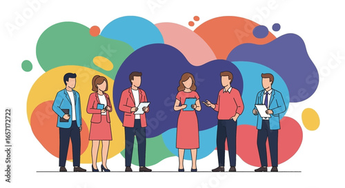 Diverse business professionals collaborating in a dynamic meeting environment, discussing ideas and strategies. Ideal for teamwork, communication, and corporate concepts.