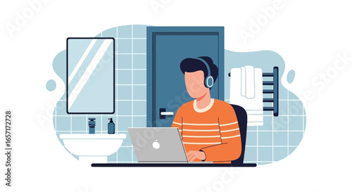 Man in headphones works remotely on laptop in a home bathroom, illustrating flexible work, online learning, or digital nomad lifestyle.