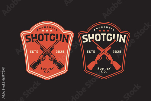 Shotgun crossed retro badge logo design set for hunting sport. shotgun firearm weapon vintage emblem label element designs collections. Hunter, Weapon, Tactical, Gun, Shooter. Vector Illustration