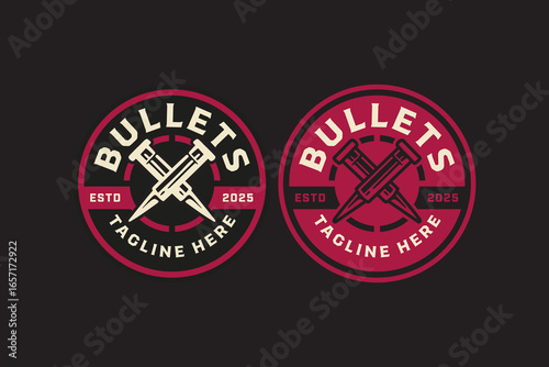 Bullets crossed retro badge logo design set. Hunting ammo vintage emblem label element designs collections. Ammunition, Gear, Shooter, Hunter, Military, Gunner. Vector Illustration