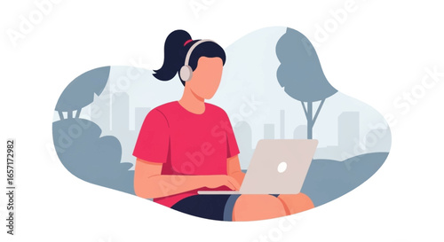 Young woman with headphones using a laptop outdoors, showcasing remote work flexibility and a modern, adaptable lifestyle.