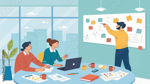 Team of professionals collaborating in a modern office, brainstorming ideas on a whiteboard during a productive business meeting. Ideal for corporate and project management concepts.