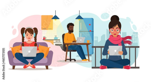 Diverse individuals working remotely from home, a kitchen, and a city balcony. Illustrates modern flexible work, online learning, and digital connectivity.