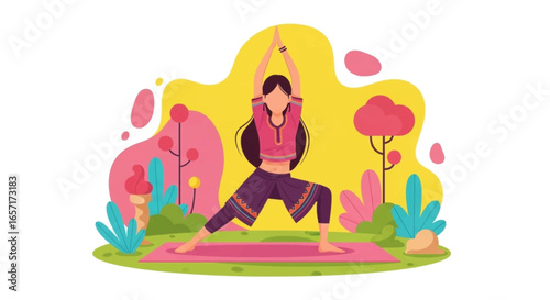 Woman in Warrior II yoga pose on a mat outdoors, embodying balance, strength, and mindful well-being. Ideal for fitness and lifestyle concepts.