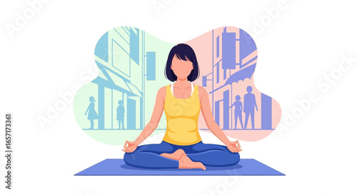 Woman meditating in lotus pose on a mat, finding peace and balance amidst urban life. Represents mindfulness, stress relief, and mental wellness for a busy lifestyle.