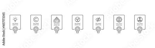 Intellectual Property Certificate icon set with patent, copyright, trademark, plant variety, trade secret, industrial design and geographical indications concept illustration