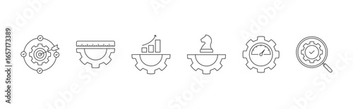 KPI vector icon set with goals, measurement, maximization, strategy, performance, evaluation concept illustration