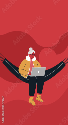 Senior woman happily working on laptop in a comfortable hammock, representing modern retirement, remote work, and digital lifestyle.