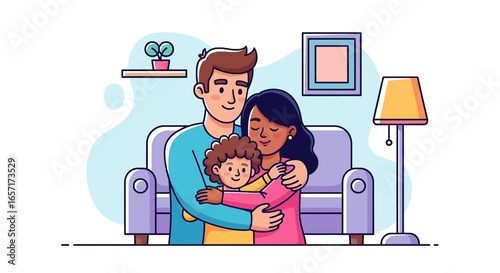 Happy family embracing on a sofa at home, depicting love, care, and togetherness. Ideal for concepts of parenting, domestic life, and support.