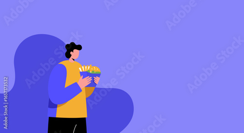 Stylized illustration of a person holding a takeaway meal with a burger and french fries, representing modern fast food convenience and delivery services.