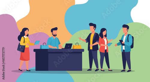 Customers engaging with a service representative at a counter, highlighting modern retail, digital interaction, and customer support. Ideal for business.
