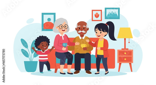 Happy multi-generational family enjoying quality time together at home. Grandparents and grandchildren bonding, symbolizing love, care, and support. Ideal for lifestyle and family concepts.