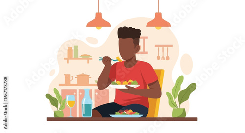 Young person enjoys a fresh, healthy salad at home. Represents nutritious eating, wellness, and a balanced lifestyle in a domestic setting.