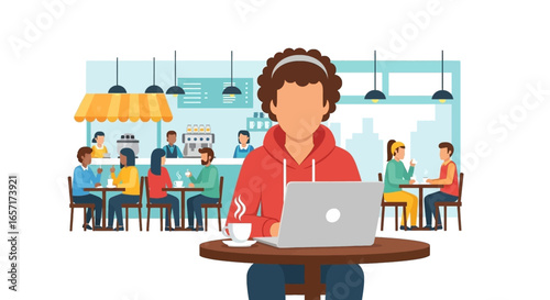 Person focused on laptop in a bustling cafe, symbolizing remote work, productivity, and a relaxed lifestyle. Ideal for modern business, education, and leisure.