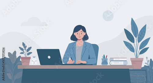 Smiling woman works efficiently at her modern office desk with a laptop and plants, perfect for remote work, business, or education concepts.