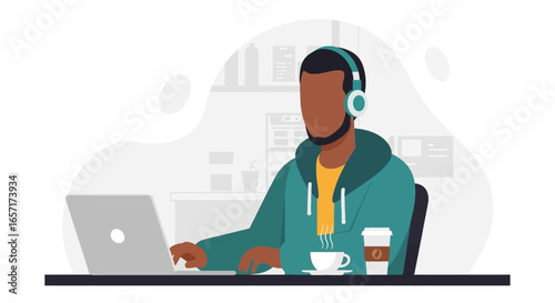 Focused Black man wearing headphones works on laptop with coffee, representing remote work, productivity, and online learning.