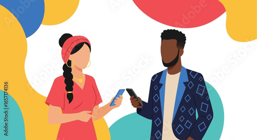 Diverse individuals connect digitally via smartphones, illustrating modern communication, mobile technology, and social interaction.